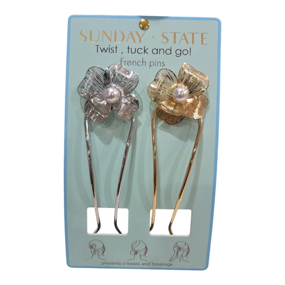 🤍▪️Sunday State ▪️Silver and Gold Floral French Set Of 2 Twist Tuck Go  Pins